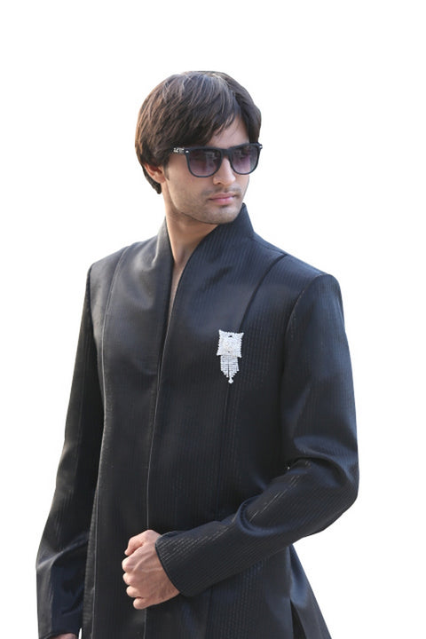 Black Indian Wedding Indo-Western Sherwani with High Neck Collar for Men