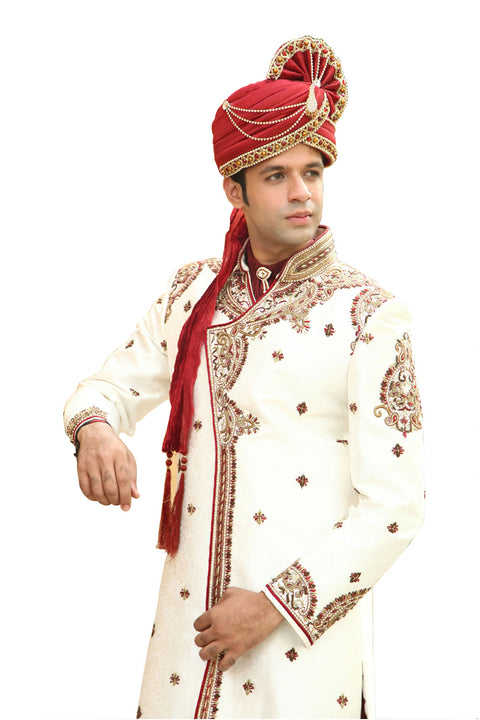 Classic Kedia Style White Indian Wedding Sherwani Kurta Pajama for Men