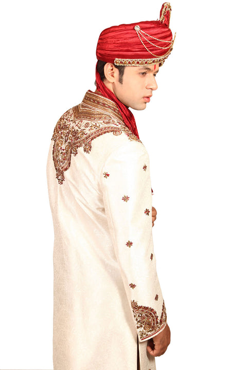 Classic Kedia Style White Indian Wedding Sherwani for Men BL2002SNT