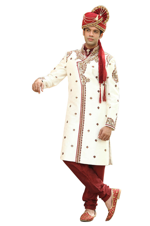 Classic Kedia Style White Indian Wedding Sherwani Kurta Pajama for Men