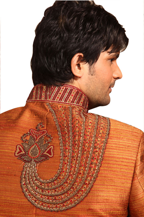 Raw Silk Mustard Indian Wedding Sherwani Kurta Pajama For Men