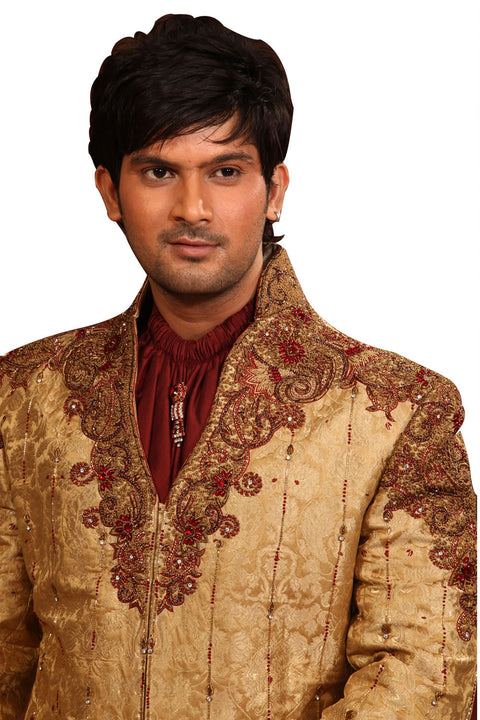 Stylish V Neck Gold Indian Wedding Sherwani Kurta Pajama For Men