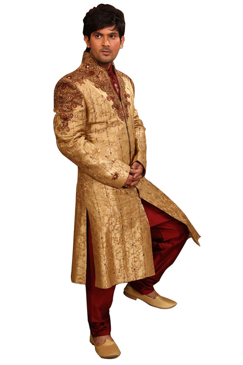 Stylish V Neck Gold Indian Wedding Sherwani For Men BL2004SNT