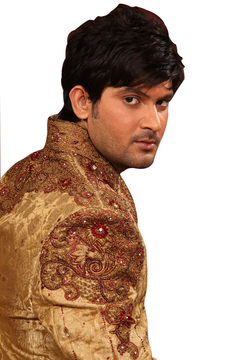 Stylish V Neck Gold Indian Wedding Sherwani Kurta Pajama For Men
