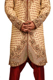 Zari Brocade V Neck Indian Wedding Gold Sherwani Kurta Pajama For Men