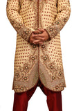 Zari Brocade V Neck Indian Wedding Gold Sherwani Kurta Pajama For Men