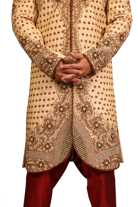 Zari Brocade V Neck Indian Wedding Gold Sherwani Kurta Pajama For Men