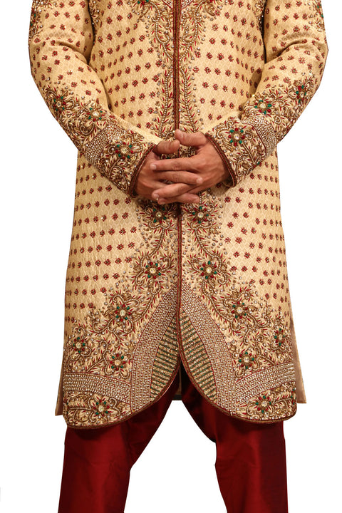 Zari Brocade V Neck Indian Wedding Gold Sherwani Kurta Pajama For Men