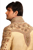 Zari Brocade V Neck Indian Wedding Gold Sherwani Kurta Pajama For Men