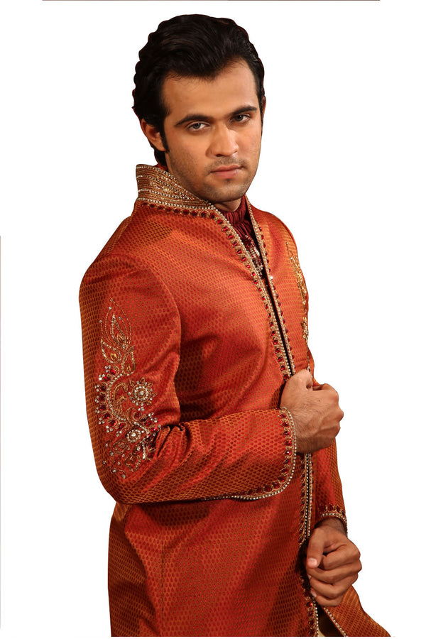 Stylish Highneck Indian Wedding  Rust Sherwani For Men