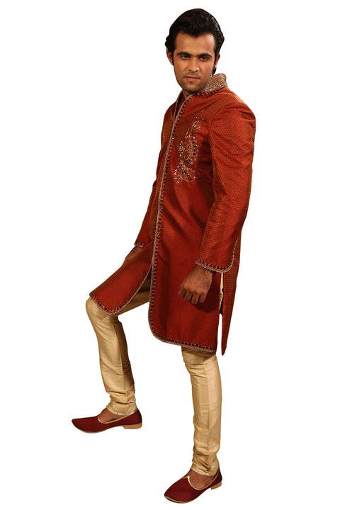 Stylish Highneck Indian Wedding Rust Sherwani Kurta Pajama For Men