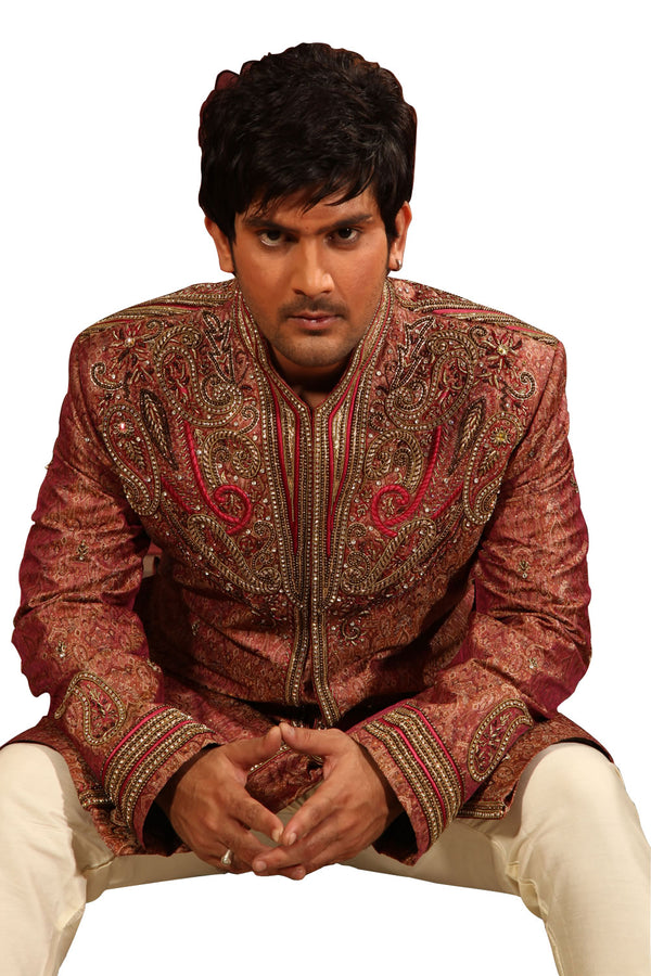 Rich Embroidery Work Indian Wedding Maroon Sherwani For Men