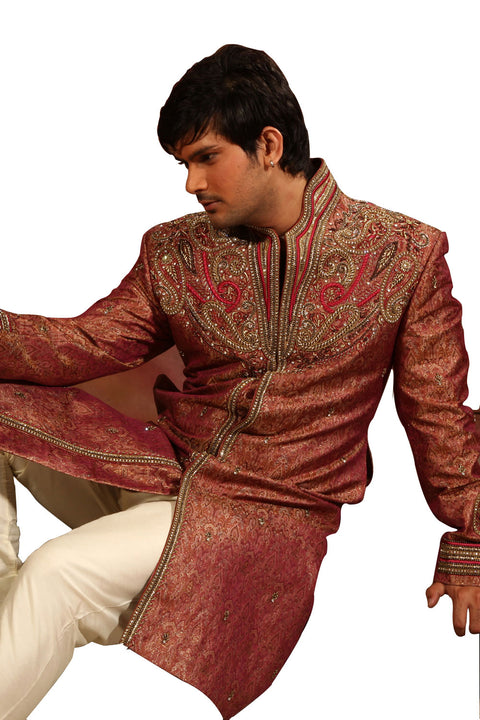 Rich Embroidery Work Indian Wedding Maroon Sherwani For Men