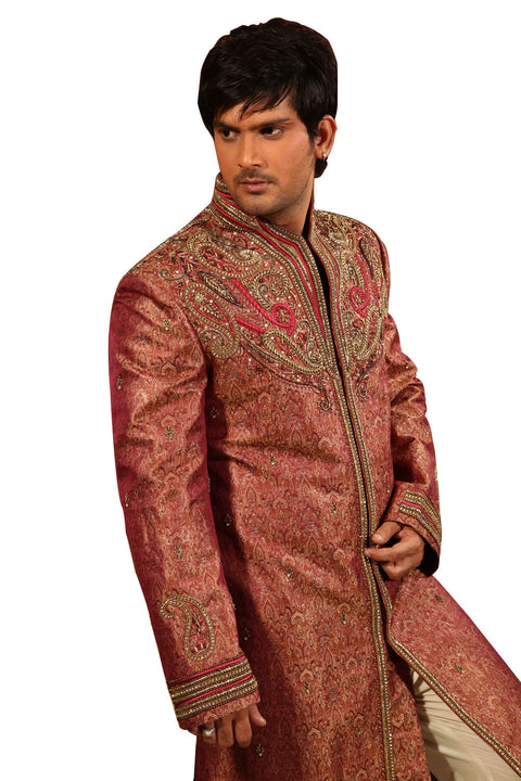 Rich Embroidery Work Indian Wedding Maroon Sherwani For Men