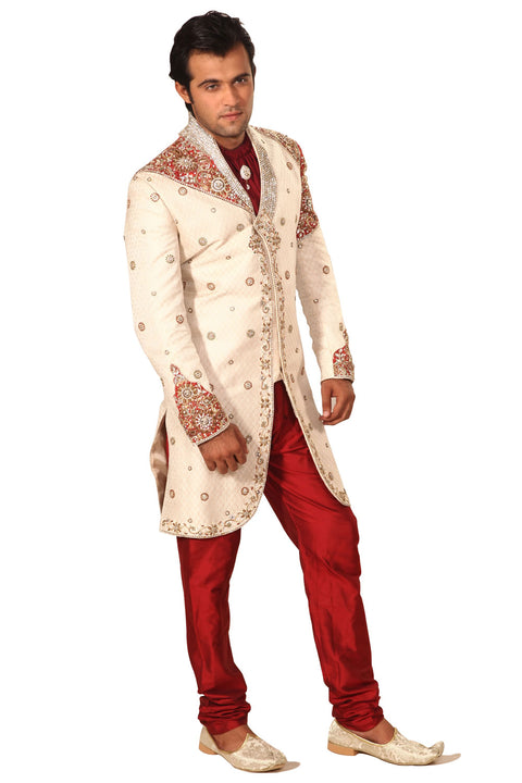 Modern Prince Styling Indian Wedding Cream Sherwani For Men