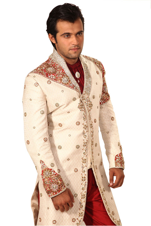 Modern Prince Styling Indian Wedding Cream Sherwani For Men