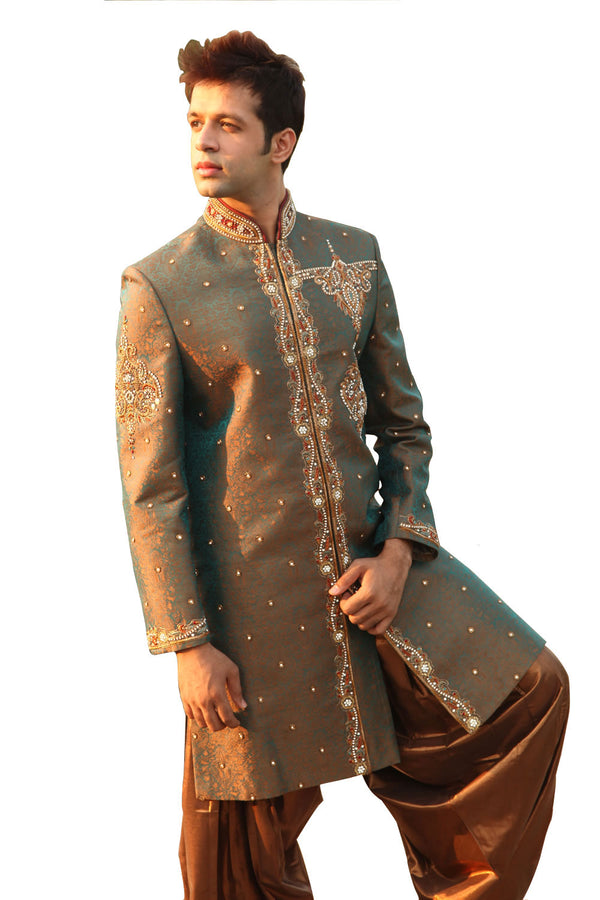 Jaal Pattern Indian Wedding Rust Green Sherwani For Men