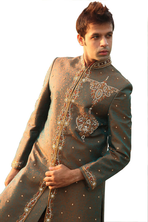 Jaal Pattern Indian Wedding Rust Green Sherwani For Men