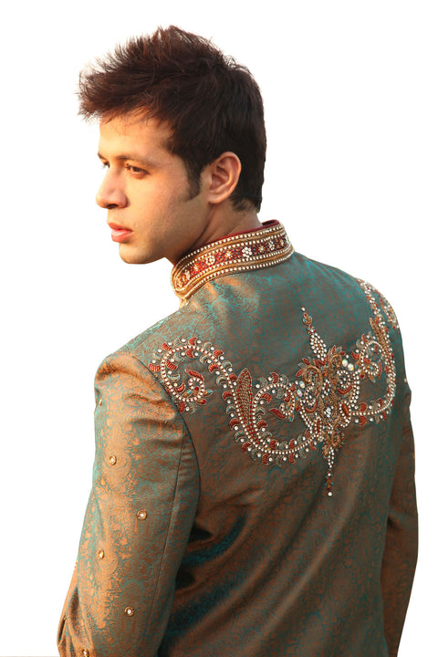 Jaal Pattern Indian Wedding Rust Green Sherwani For Men