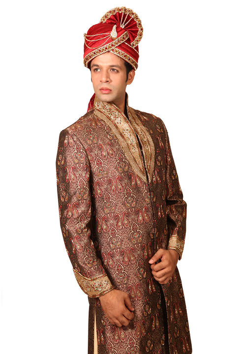 Trendy Highneck Indian Wedding Brown Sherwani For Men