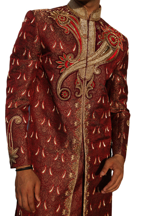 Royal Embroidery Indian Wedding Maroon Sherwani For Men