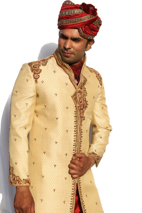 Kedia And Highneck Style Indian Wedding Gold Sherwani For Men