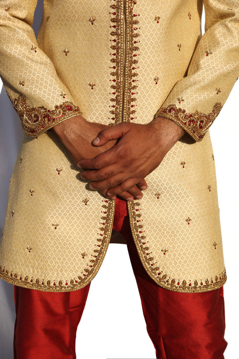 Kedia And Highneck Style Indian Wedding Gold Sherwani For Men