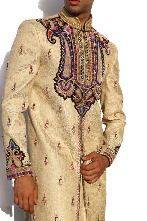 Maharaja Design Indian Wedding Gold Cream Sherwani For Men