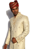 Stand Collar V Neck Style Indian Wedding Cream Sherwani For Men