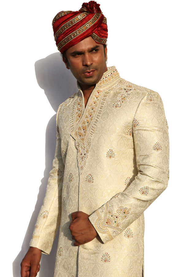 Stand Collar V Neck Style Indian Wedding Cream Sherwani For Men