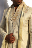 Stand Collar V Neck Style Indian Wedding Cream Sherwani For Men