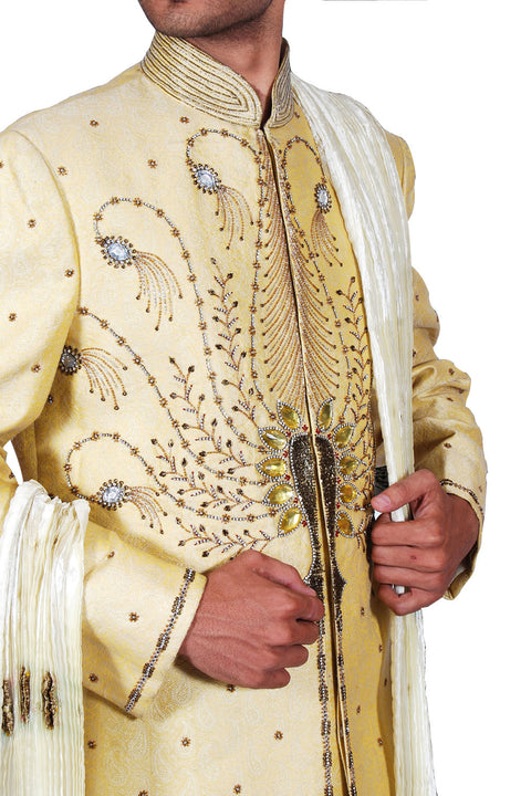 Traditional Indian Wedding Modern Cream Sherwani For Men