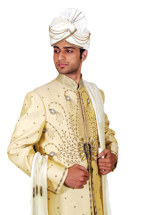 Traditional Indian Wedding Modern Cream Sherwani For Men
