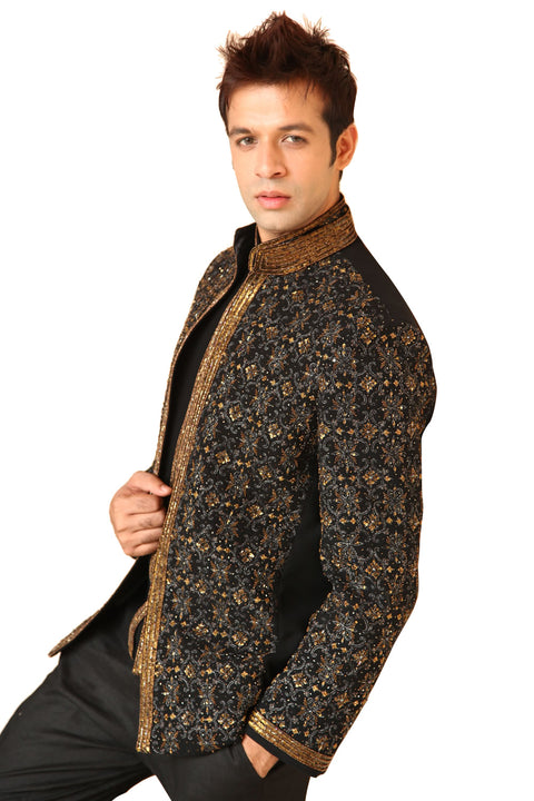 Heavy Black Traditional Indian Jodhpuri Suit Sherwani For Men