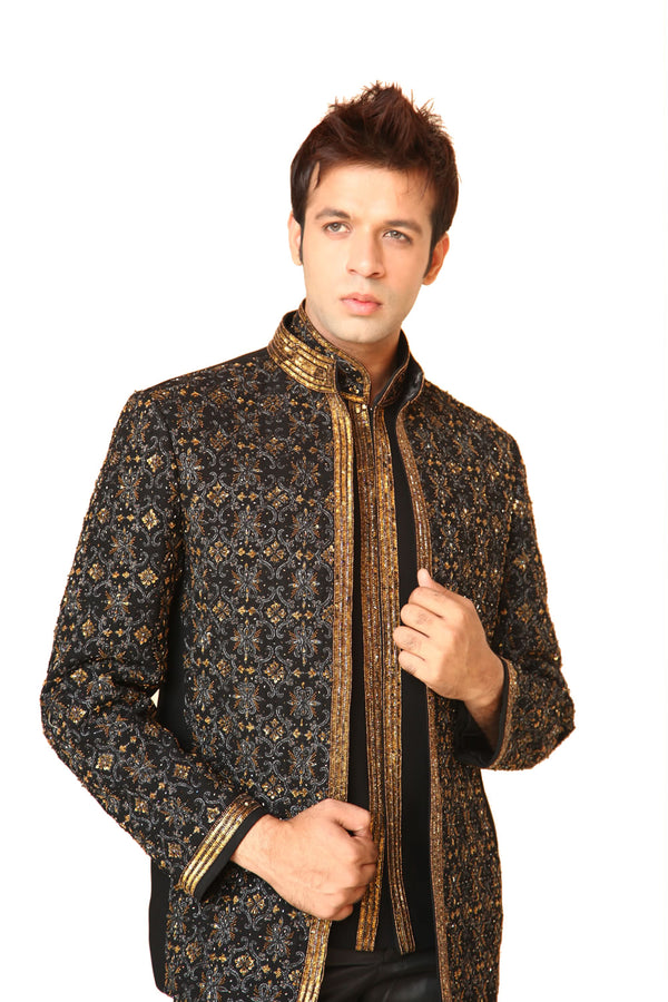 Heavy Black Traditional Indian Jodhpuri Suit Sherwani For Men