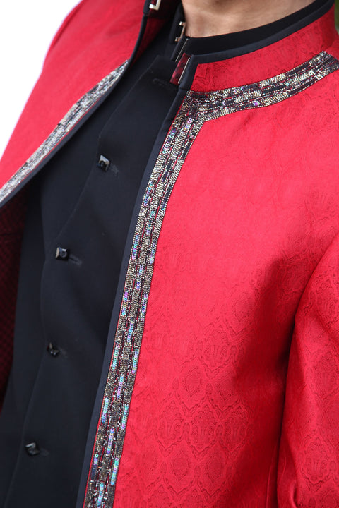 Three Piece Red Traditional Indian Jodhpuri Suit Sherwani For Men