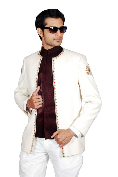 Stylish Three Piece Royal Creame Traditional Indian Jodhpuri Suit Sherwani For Men