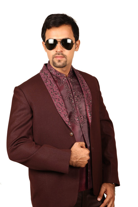 Modish 3 Piece Wine Colour Traditional Indian Jodhpuri Suit Sherwani For Men