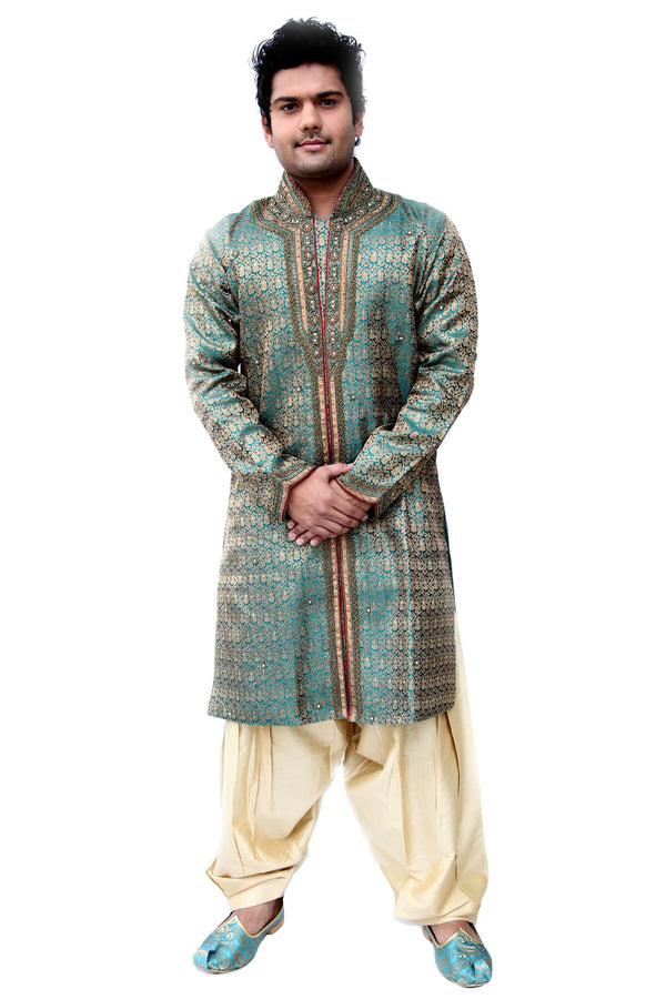 Turqoise Blue Silk Brocade Semi Sherwani for Men