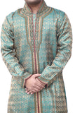 Turqoise Blue Silk Brocade Semi Sherwani for Men