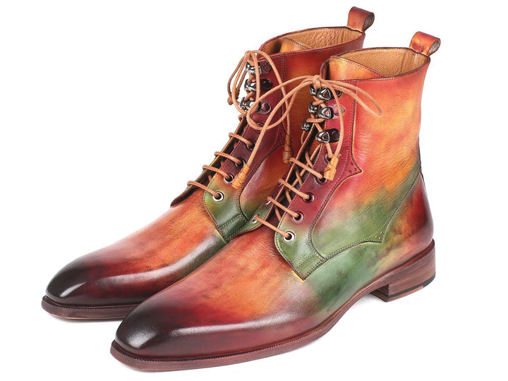 Paul Parkman Men's Green, Camel & Bordeaux Leather Boots (ID#BT533SPR) Size 10.5-11 D(M) US