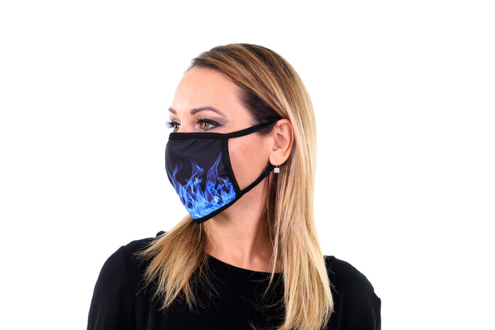 3 Pk Printed Cool Blue Fire Multi Color Reusable Face Mask Unisex Breathable Washable 2 Layer Ice Silk & Cotton Fabric