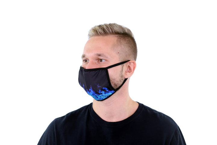 3 Pk Printed Blue Fire Multi Color Reusable Face Mask Unisex Breathable Washable 2 Layer Ice Silk & Cotton Fabric