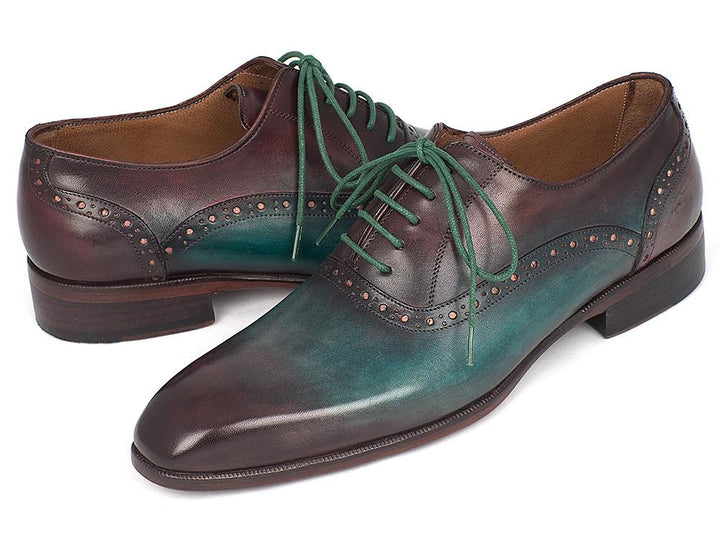 Paul Parkman Men's Green & Bordeaux Plain Toe Oxfords Shoes (ID#GH88BB) Size 6.5-7 D(M) US