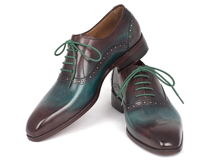 Paul Parkman Men's Green & Bordeaux Plain Toe Oxfords Shoes (ID#GH88BB) Size 6.5-7 D(M) US