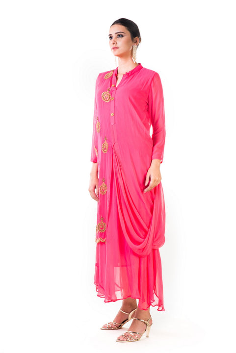 Pink Hand Embroidered Cowl Tunic Dress