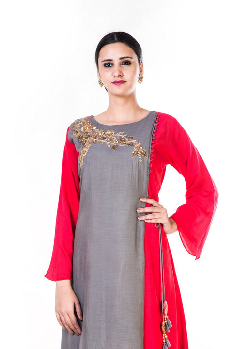 Hand Emroidered Grey & Red Gown