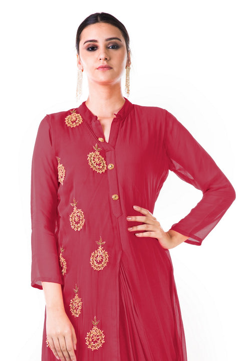 Maroon Hand Embroidered Cowl Tunic Dress