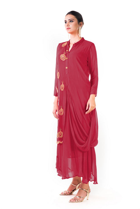 Maroon Hand Embroidered Cowl Tunic Dress