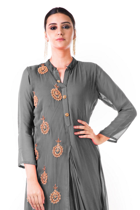 Grey Hand Embroidered Cowl Tunic Dress